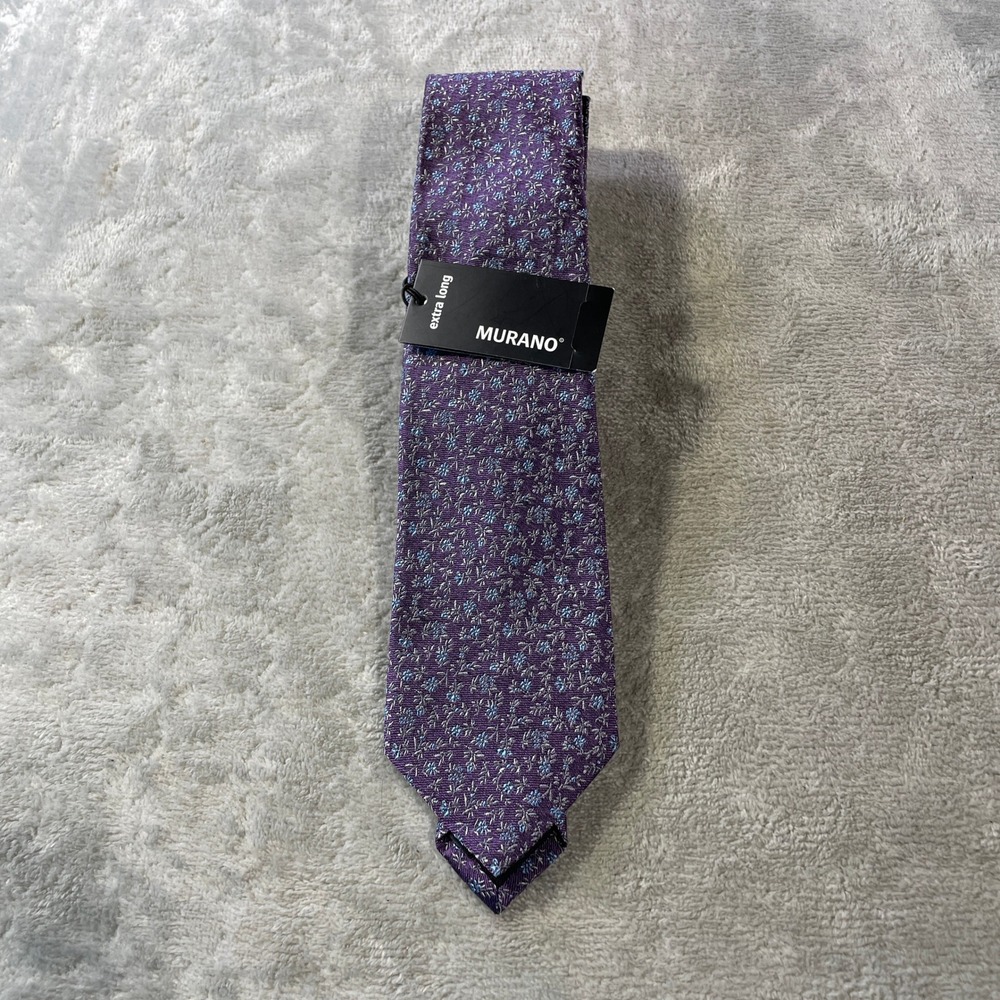 Murano Tie Necktie Extra Long Purple Floral 100 Silk Hand Finished Career Office